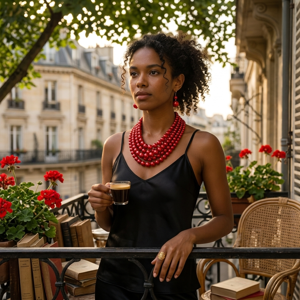 Woman holding a cup of coffee on a balcony with flowers and books in the background