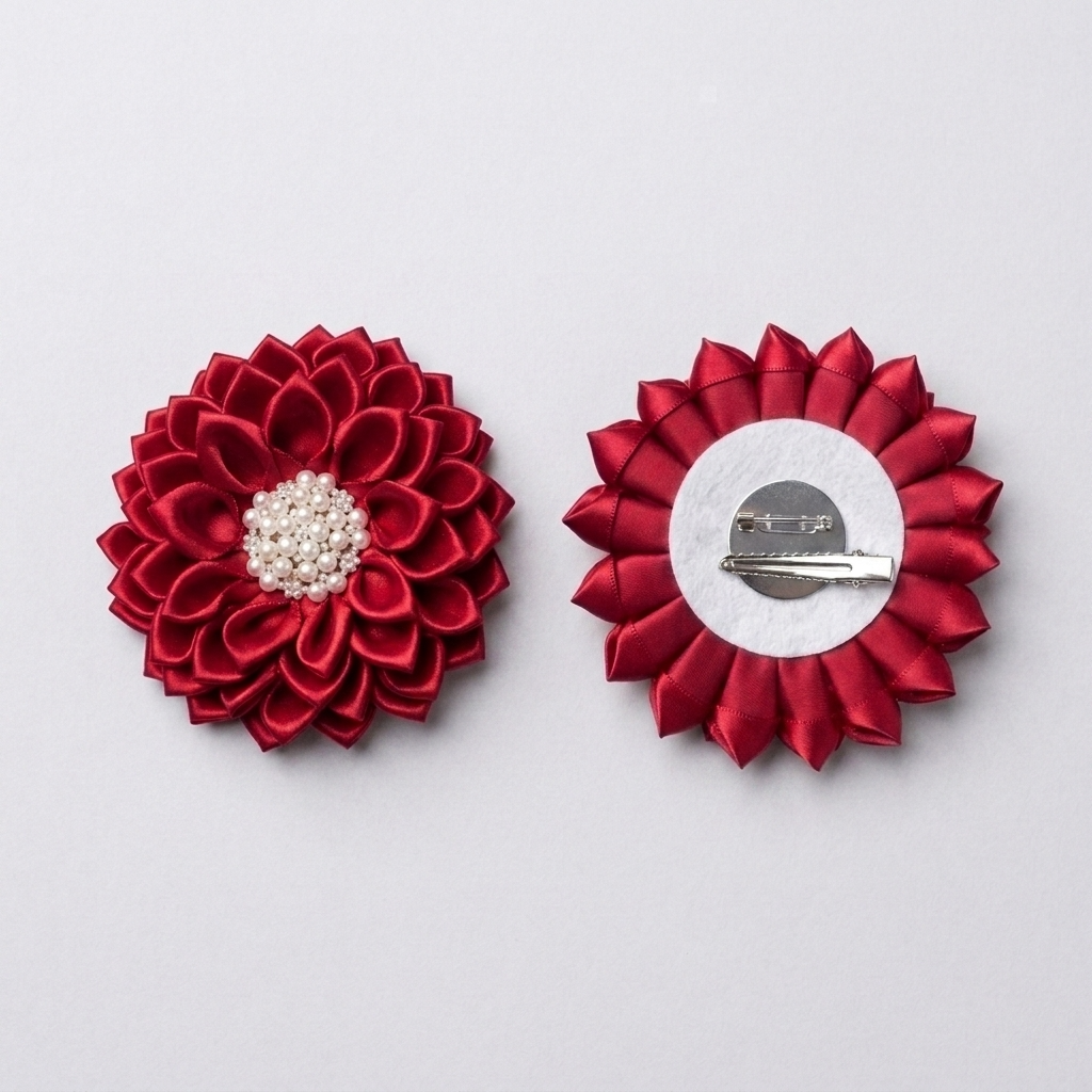 Red Satin Flower Corsage Brooch Pin