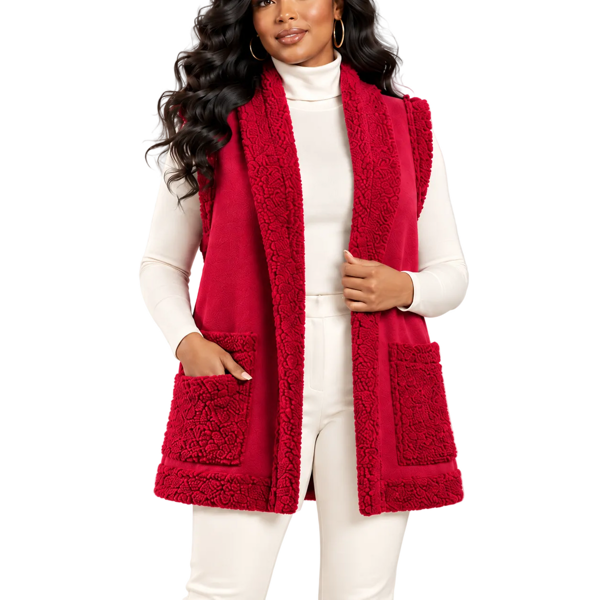 A woman wearing a long red sherpa-lined sleeveless vest over a white turtleneck and white pants, standing against a light gray studio background.