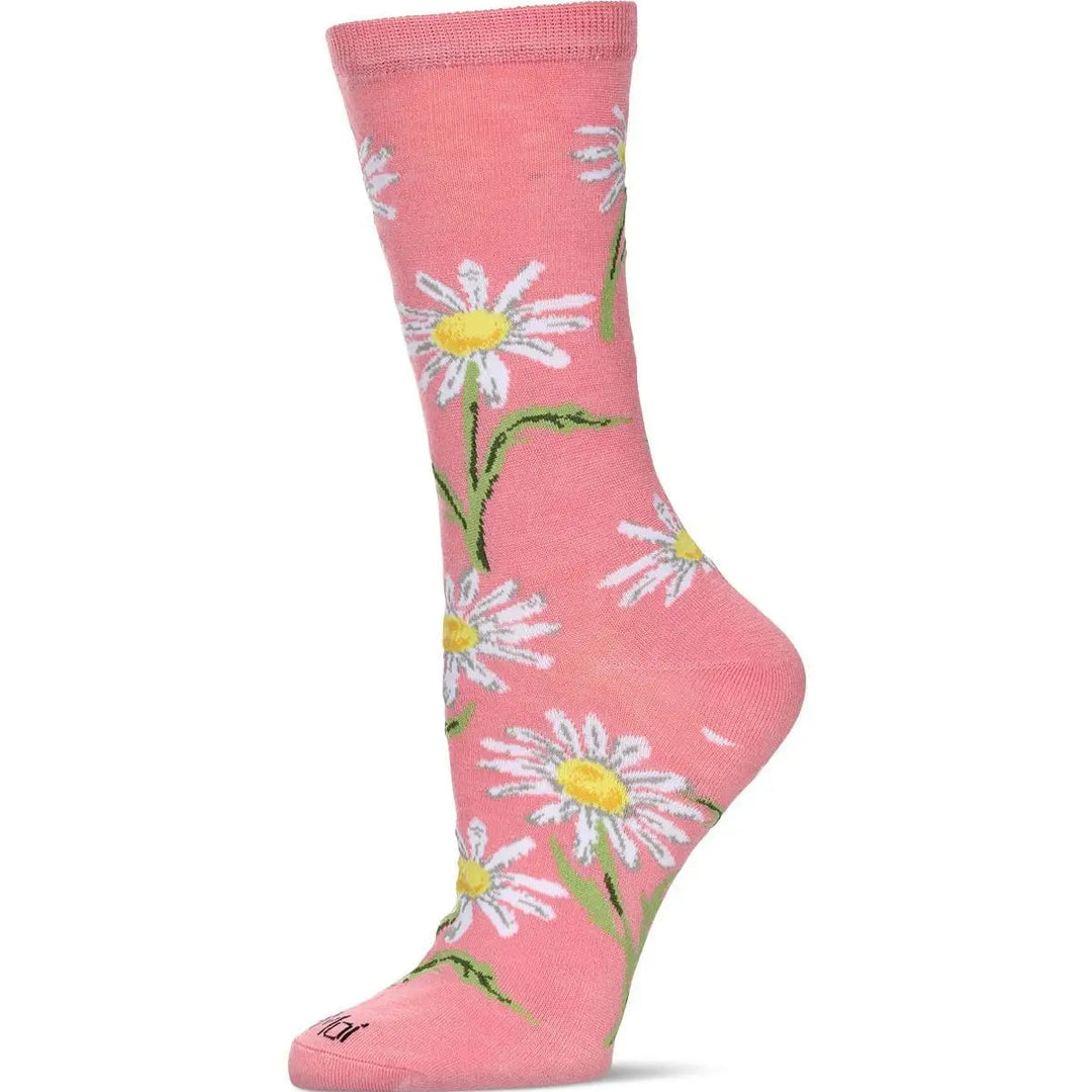 A single pink crew sock with a daisy floral pattern, featuring white petals, yellow centers, and green stems, shown on a plain white background.