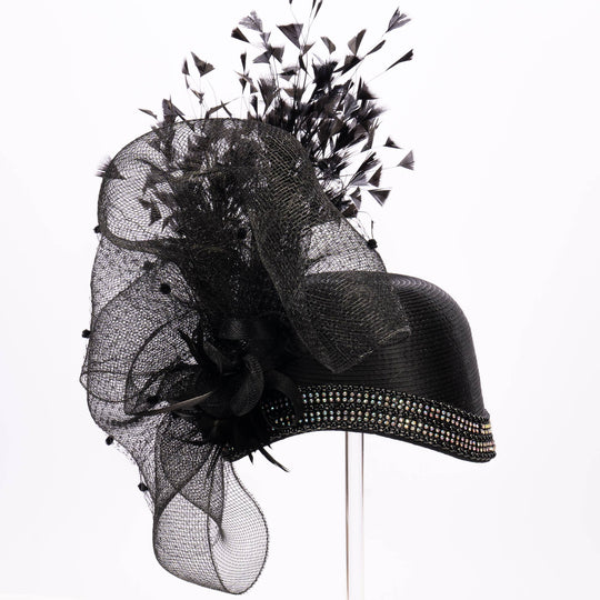 Variety Feather And Puff Crinoline Bow On Satin Cloche Base: Black