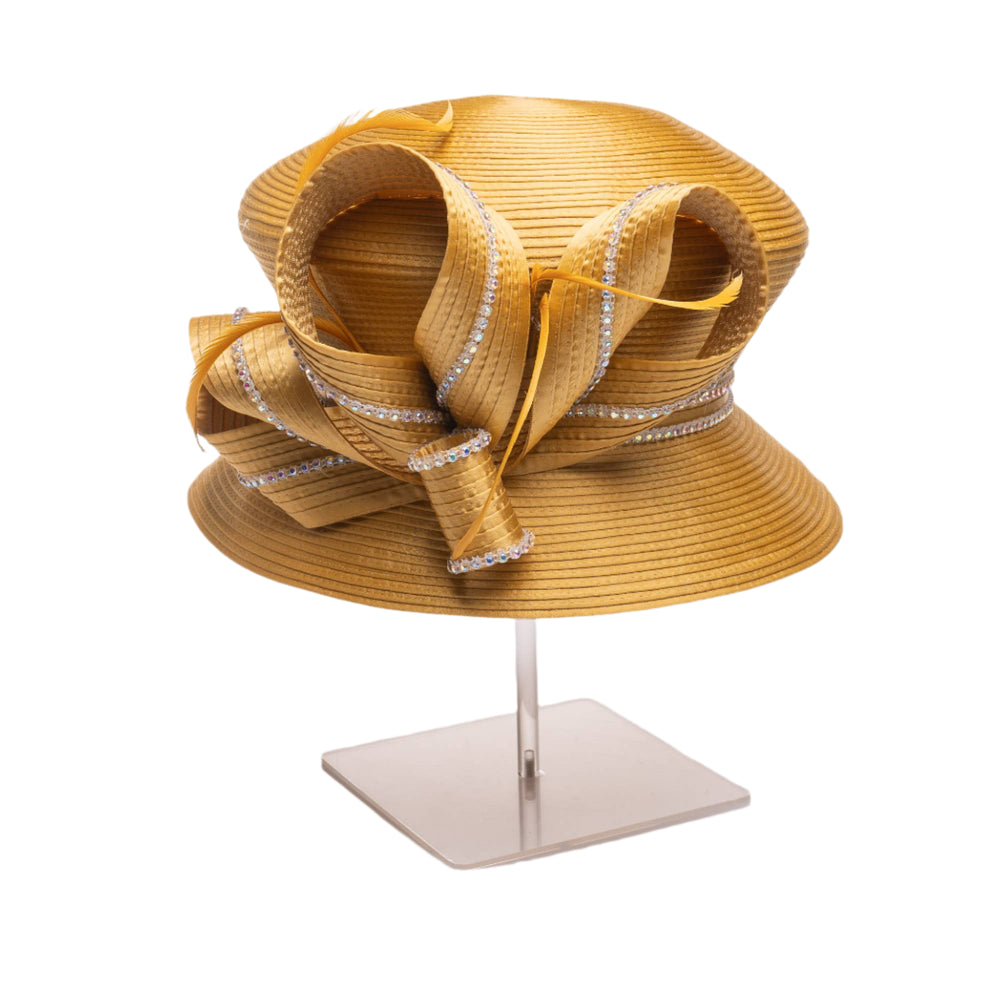 Yellow straw hat with decorative bow on a white background