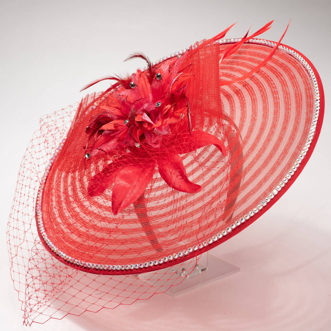 Crinoline Fascinator Embellished Veil/Crinoline/Feather: Red