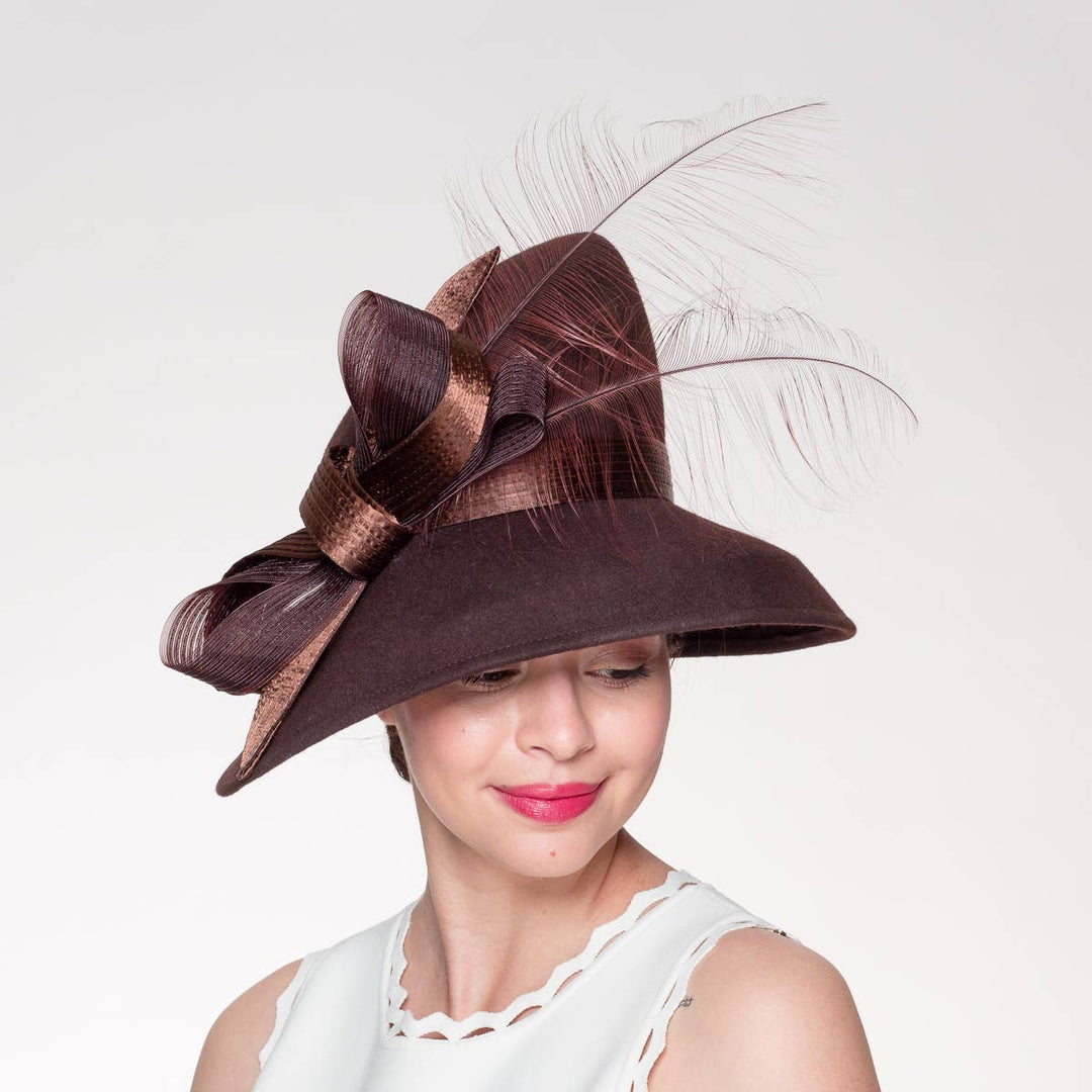 Feather Bow Trim Asymmetric Wool Felt Hat: Royal