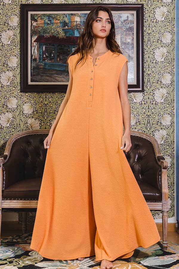 Latte Button Up Wide Leg Sleeveless Jumpsuit