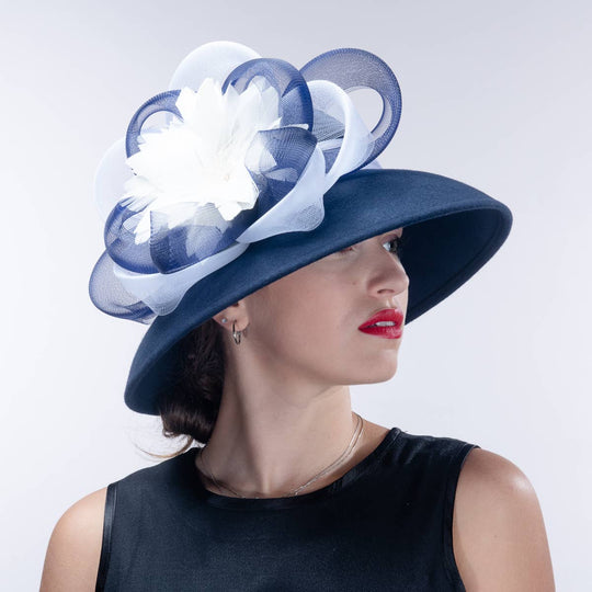 Feather Flower Bow Down Brim Hat: Royal Black