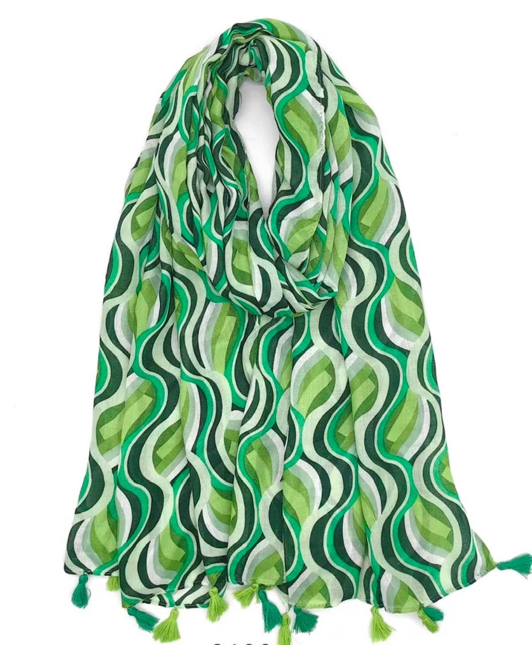 Green Abstract Cotton Blend Scarf w/tassels