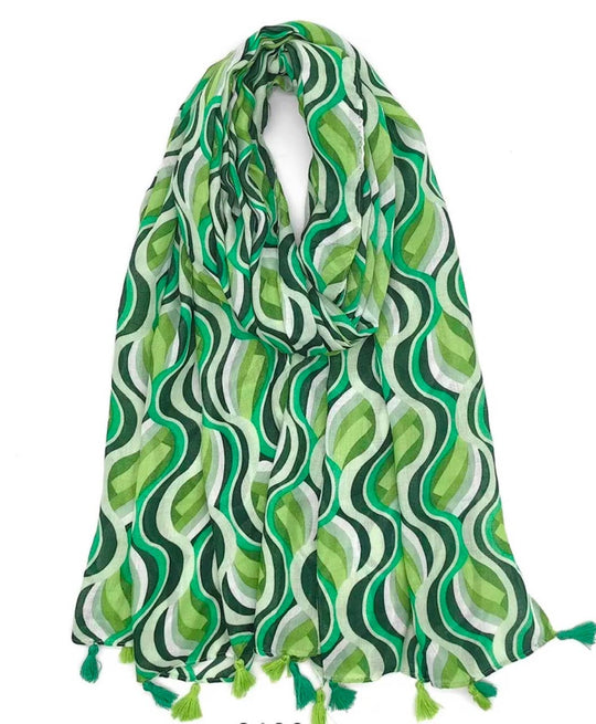 Green Abstract Cotton Blend Scarf w/tassels