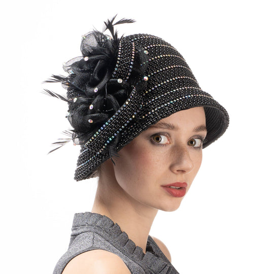 Crinoline Flower And Pearl Decorated Cloche Hat: Black