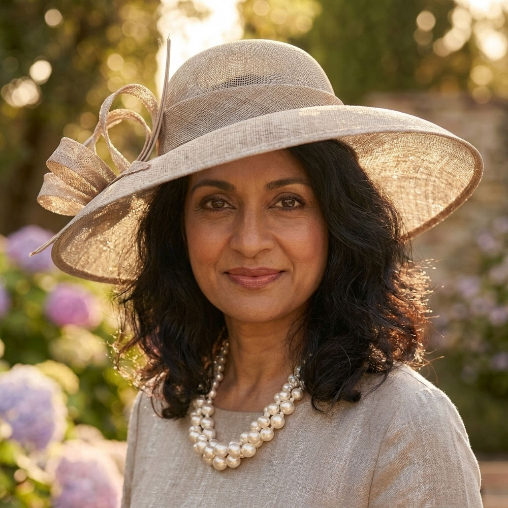 Woman wearing a wide-brimmed hat with decorative elements in an outdoor setting.