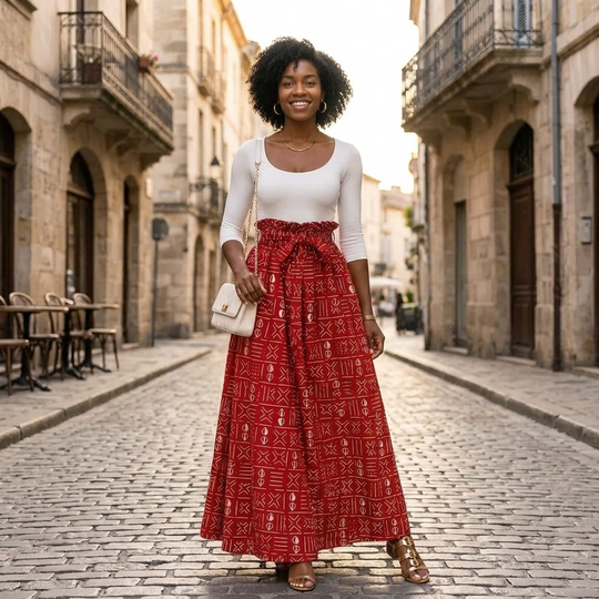 Red and White Tribal Print Maxi Skirt with Head Scarf