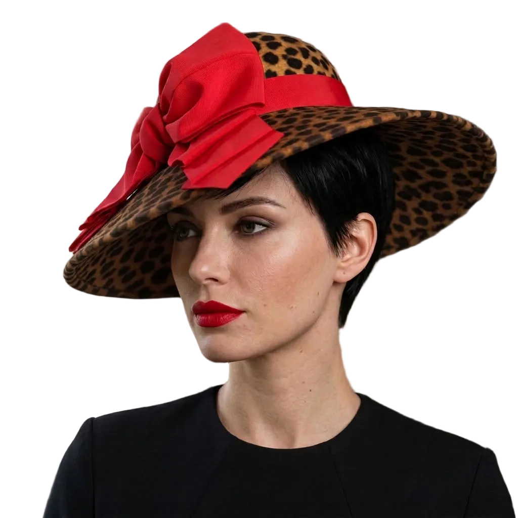 A woman wearing a wide-brimmed leopard-print hat with a large red fabric bow and red ribbon, paired with a black top and red lipstick, photographed indoors with soft window light.