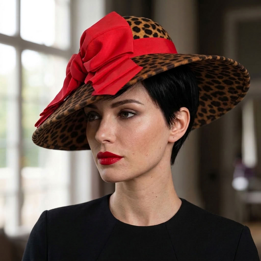Sombrero con estampado de leopardo y ala media vuelta con ribete de plumas