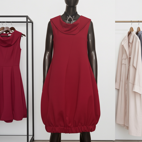 Red dress on a mannequin with a white background
