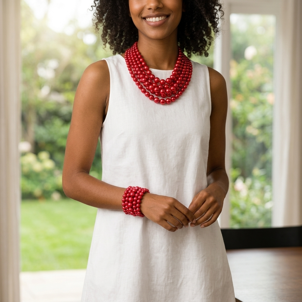 Red Five Strand Pearl Necklace and Earrings Set