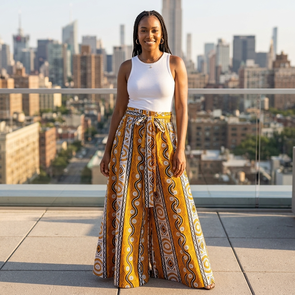 Woman wearing a white top and yellow patterned pants on a rooftop with a cityscape background
