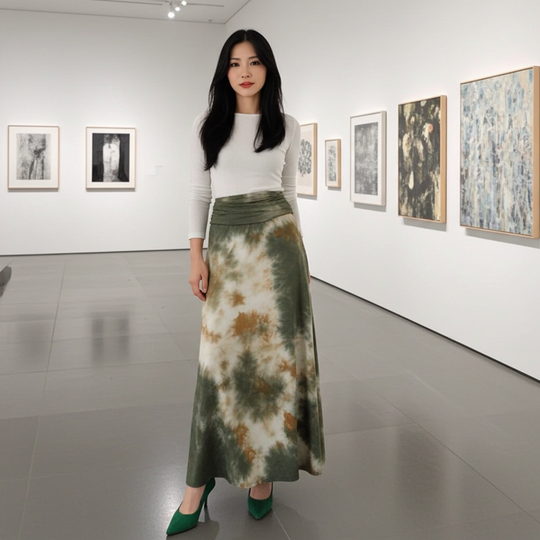 Woman in a tie-dye skirt standing in an art gallery with framed artworks on the wall.