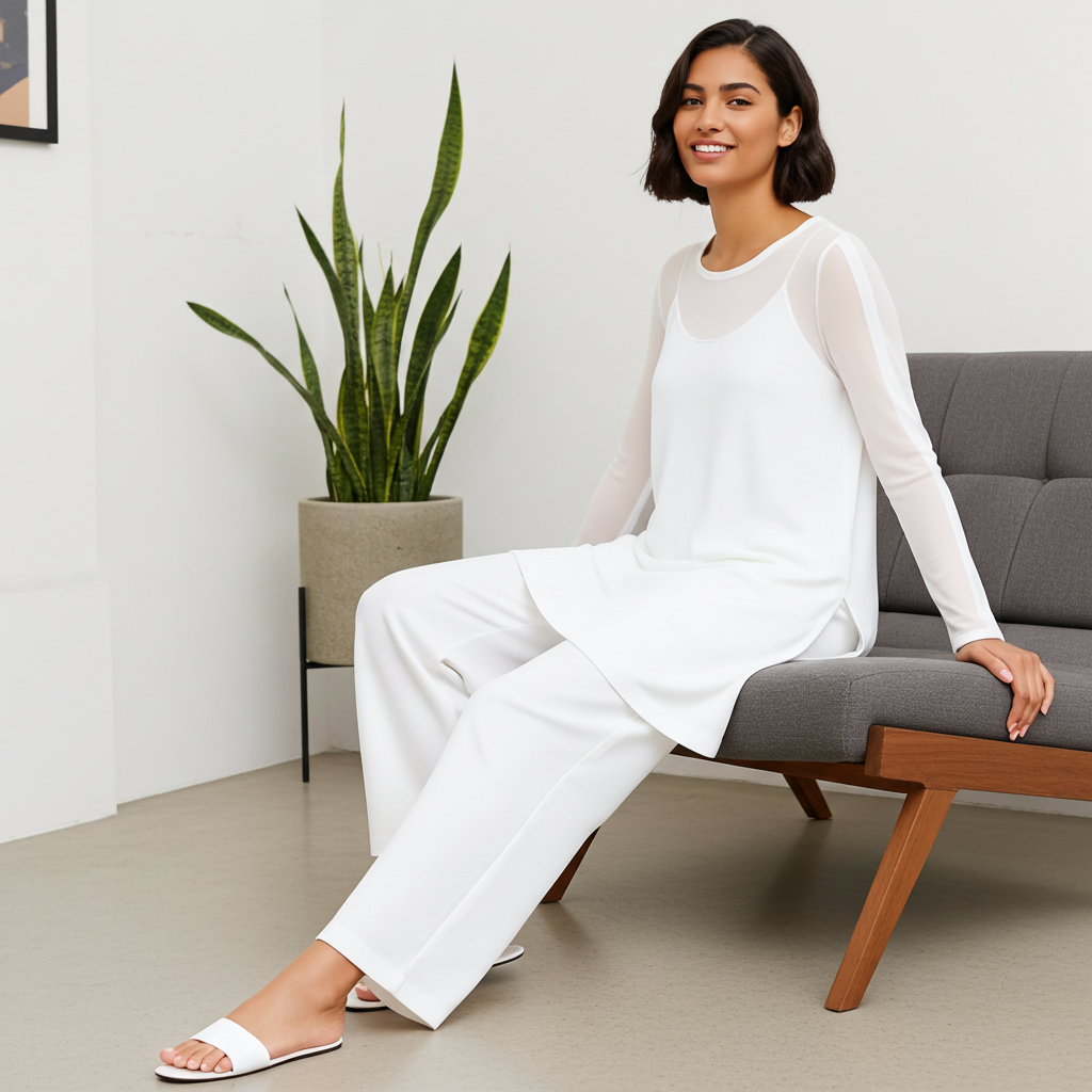 Woman in a white outfit sitting on a gray sofa with a plant in the background