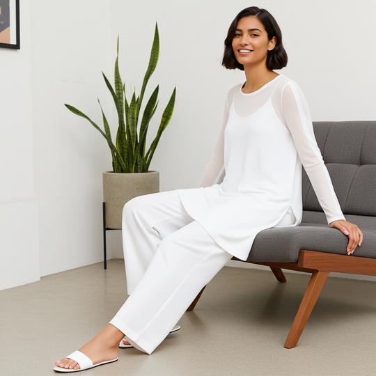 Woman in a white outfit sitting on a gray sofa with a plant in the background