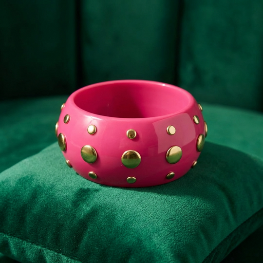 Bowie Bangle Bracelet – Colored Resin Cuff with Gold-Plated Studs - Pink
