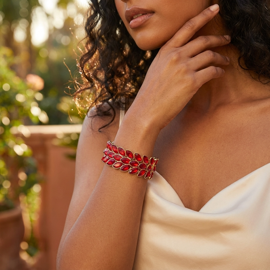 3Rows Marquise Stone Cluster Stretch Bracelet - Red