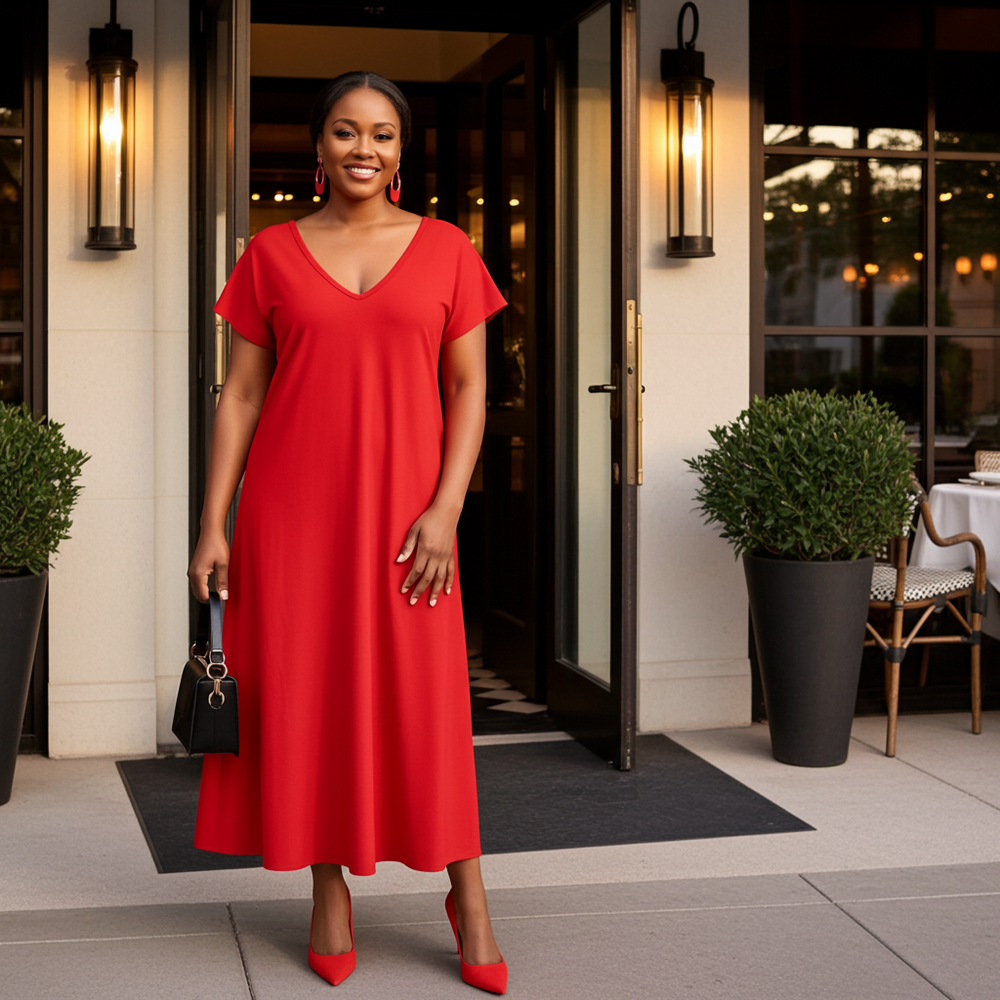 Woman in a red dress standing outside a building entrance.