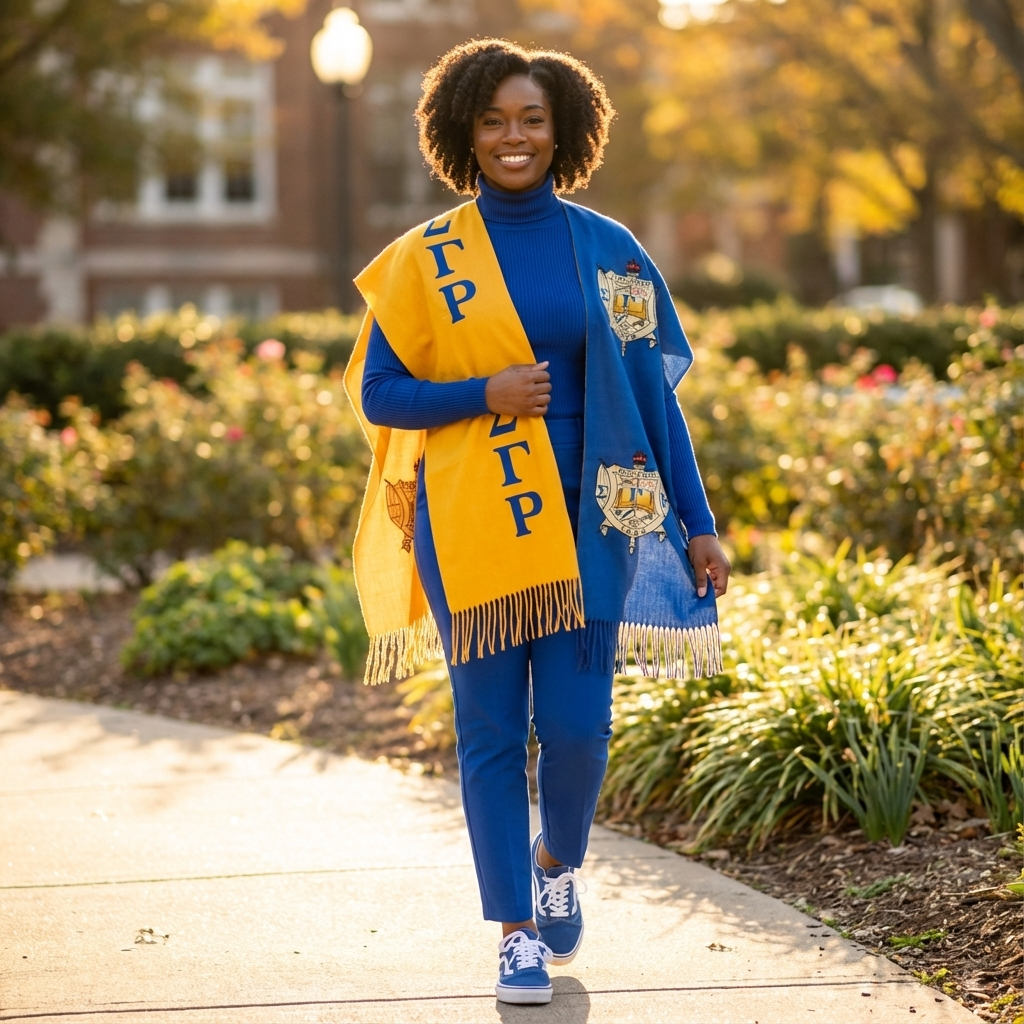 Woman wearing a yellow and blueGamma Phi Beta sorority scarf and jacket on a campus path.