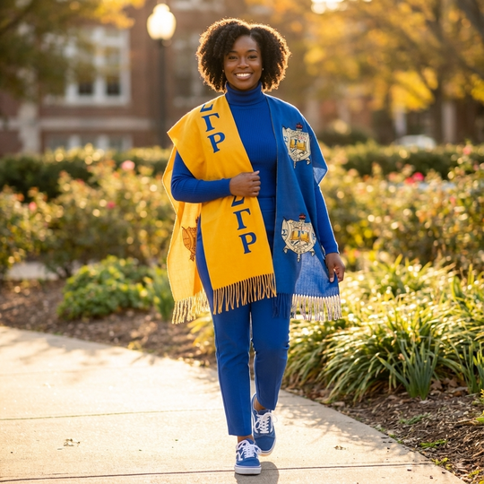 Woman wearing a yellow and blueGamma Phi Beta sorority scarf and jacket on a campus path.