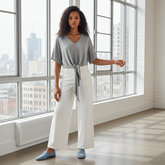 Woman in gray top and white pants standing in a room with large windows.