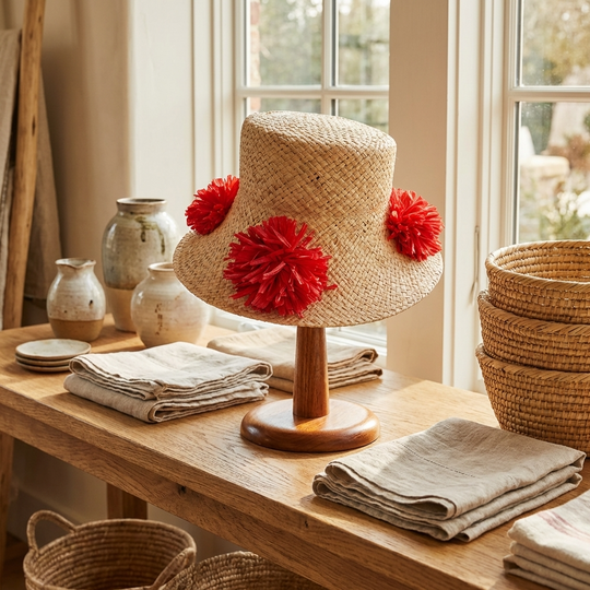 Natural Straw Hat with Red Pom Pom Detail