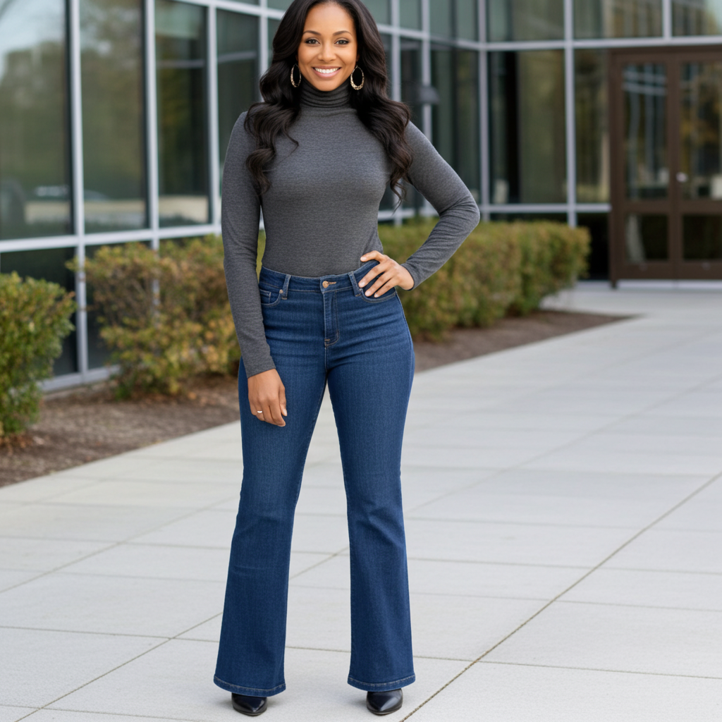 Woman wearing a gray turtleneck and blue jeans standing on a sidewalk.