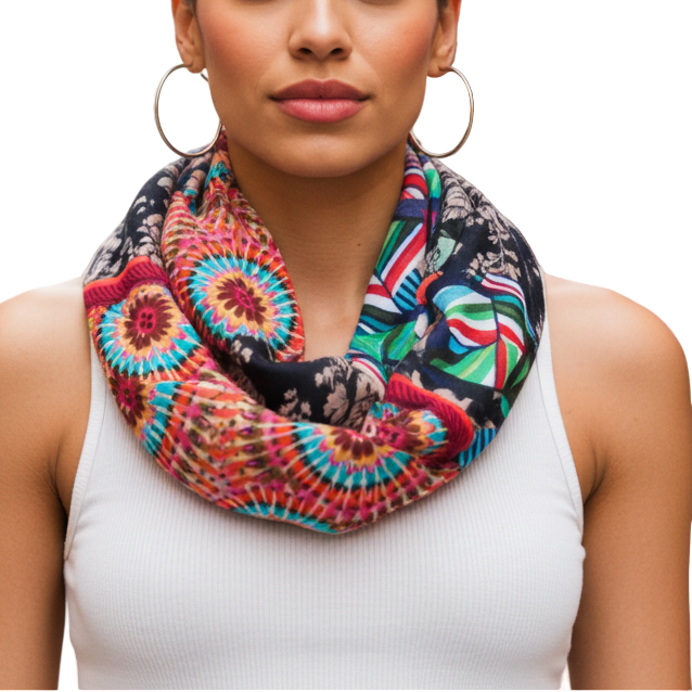 Woman wearing a colorful scarf in an urban setting