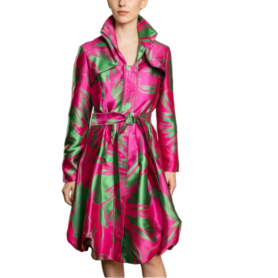 Woman wearing a pink and green patterned coat in a clothing store.