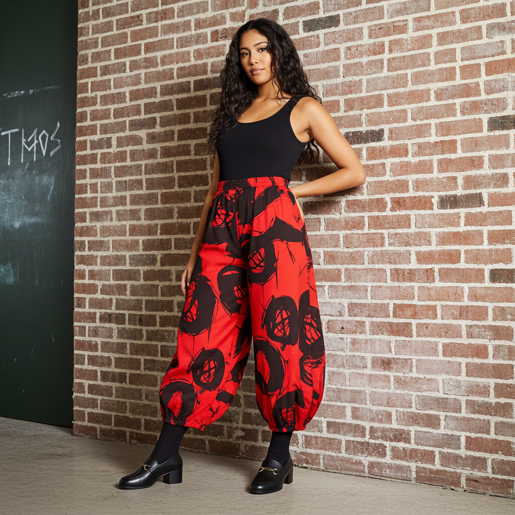 Woman wearing a black top and red floral pants against a brick wall.