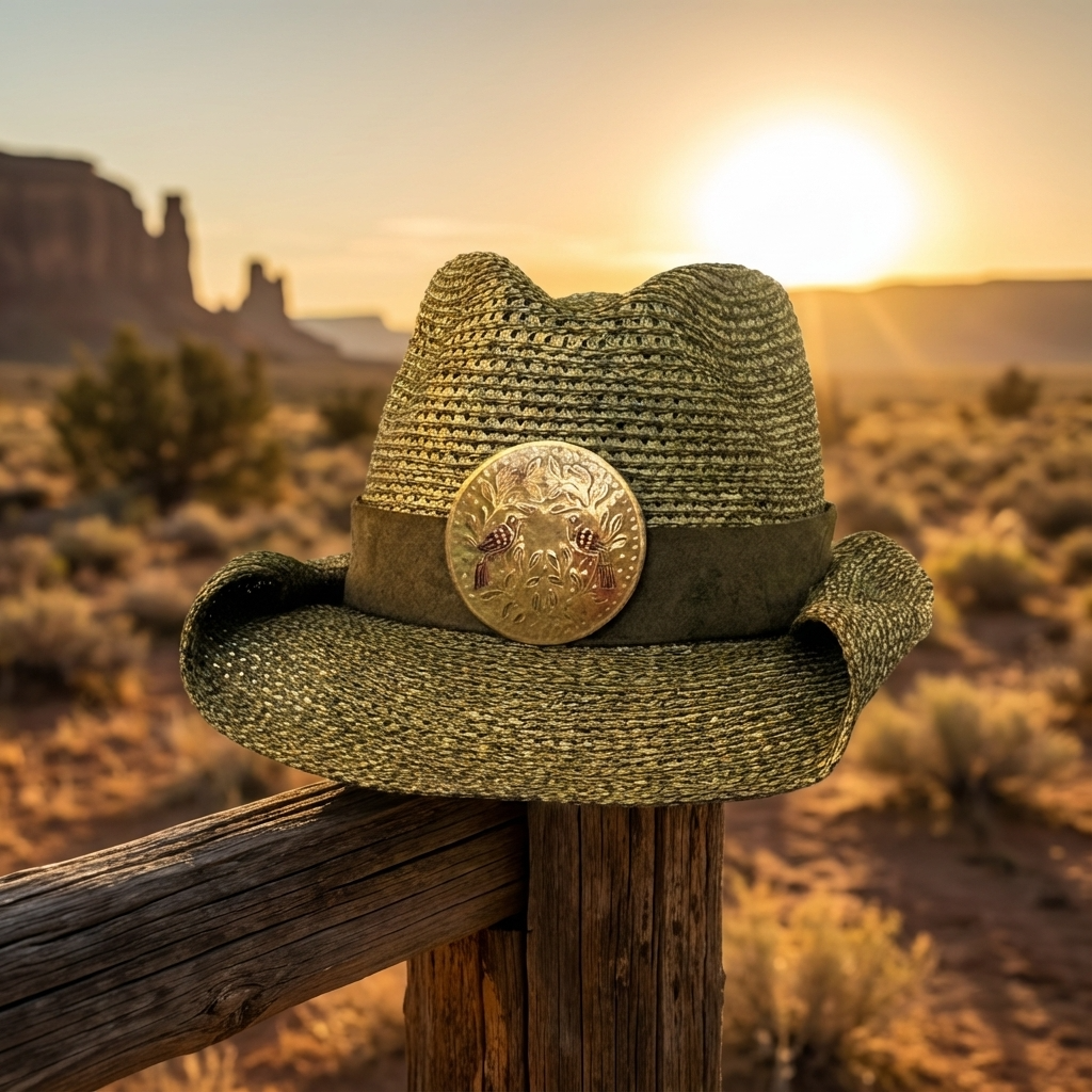Straw hat with a gold emblem on a wooden post against a desert sunset.