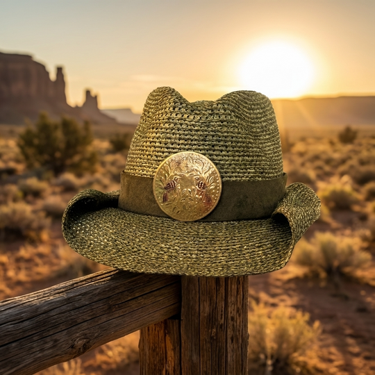 Straw hat with a gold emblem on a wooden post against a desert sunset.