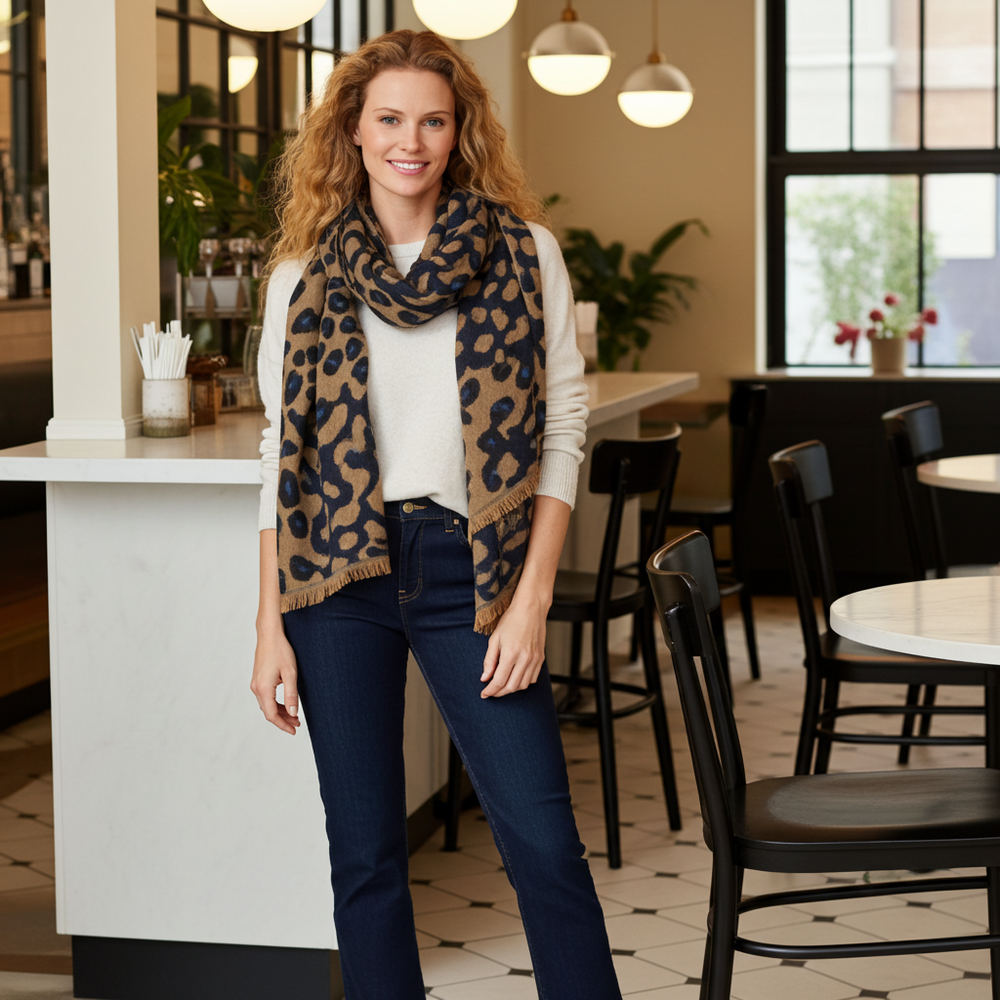 Woman wearing a leopard print scarf in a cafe setting
