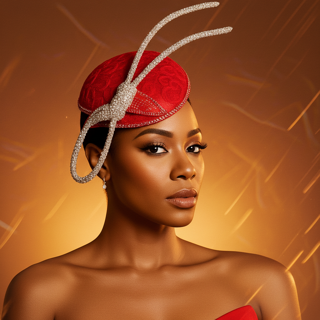 Woman wearing a red hat with decorative elements against an orange background