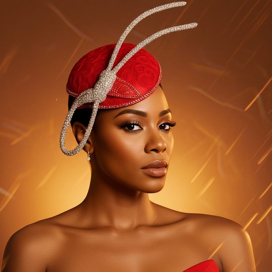 Woman wearing a red hat with decorative elements against an orange background