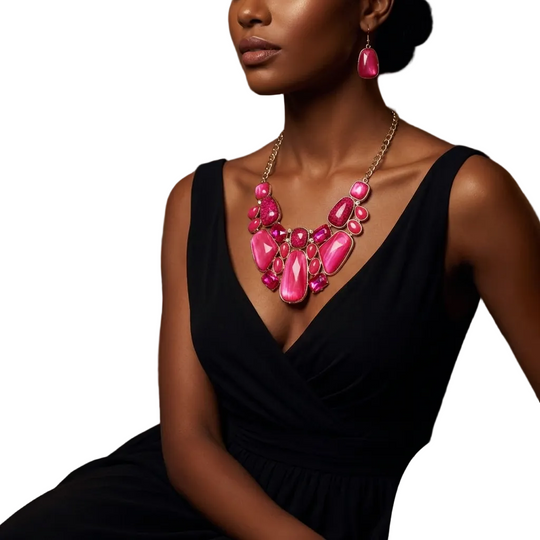 Woman wearing a black dress and pink necklace sitting in an elegant room.