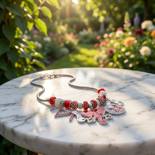 Delta Sigma Theta red and white rhinestone multi-charm necklace in silver tone metal