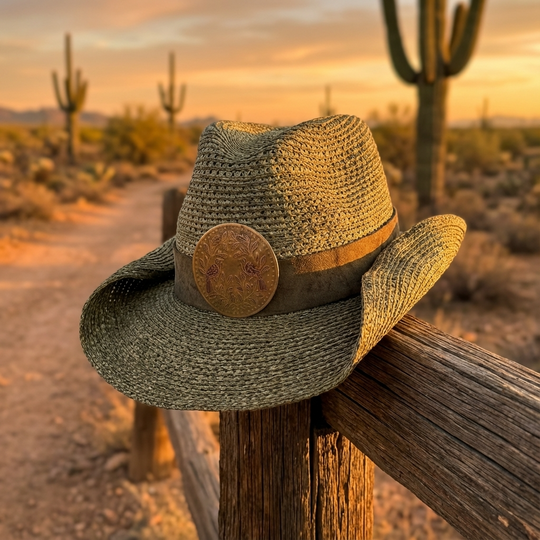 Straw hat with wooden buttons on a wooden post against a desert sunset with cacti.