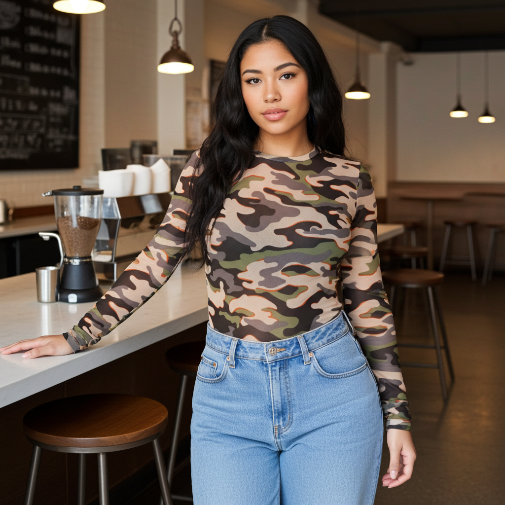 Woman wearing a camouflage long-sleeve top and blue jeans in a coffee shop.
