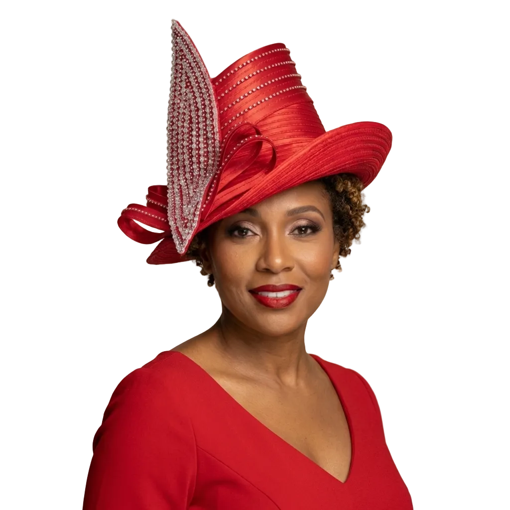 Woman wearing a red hat with decorative elements in a store setting