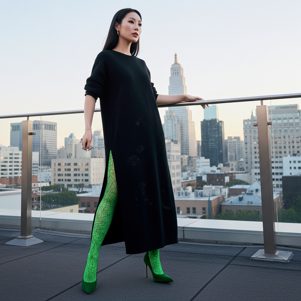 Green Printed Tights - Spider Webs