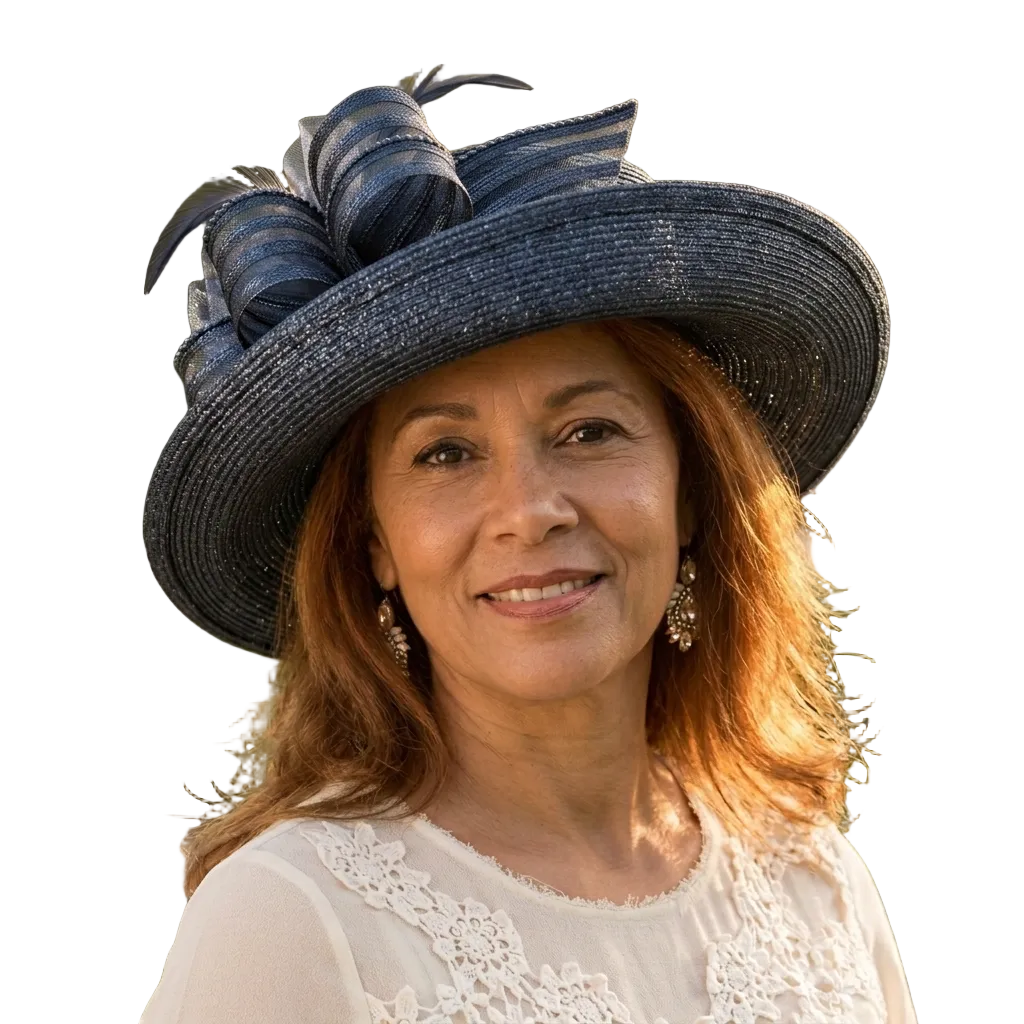 Woman wearing a decorative blue hat outdoors with a blurred natural background