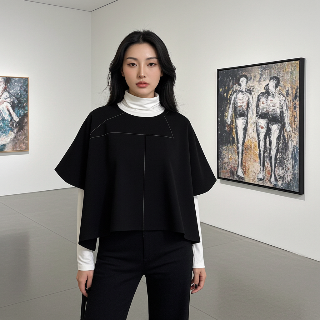 Woman in a black outfit standing in an art gallery with artworks on the walls.