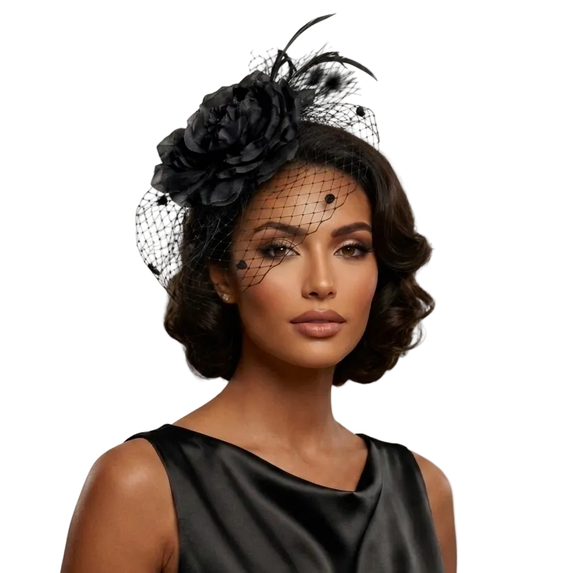 A woman wearing a black fascinator hat with a large fabric flower, black feathers, and a sheer net veil, paired with a black satin dress against a plain light background.