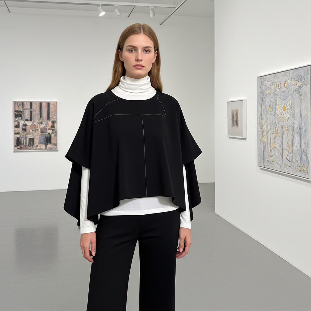 Woman wearing a black poncho over a white turtleneck in an art gallery.