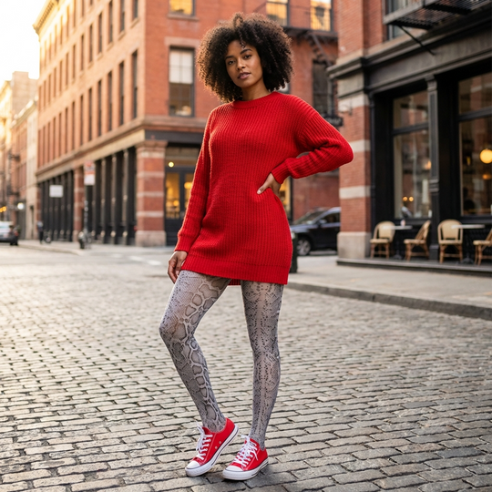 Woman in a red sweater and patterned leggings standing on a city street.